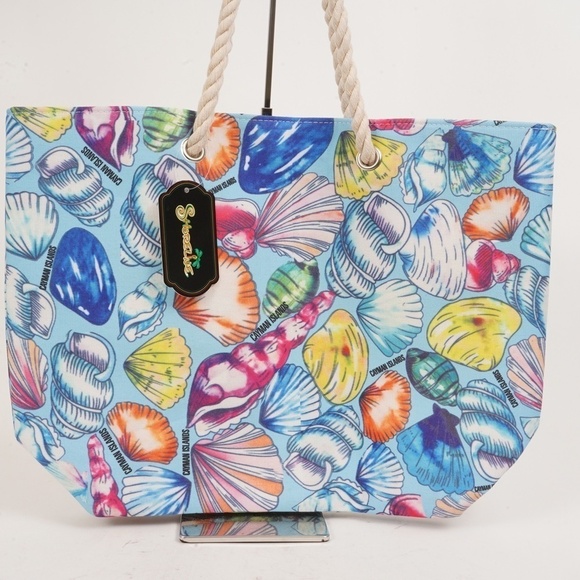 Shoreline‎ Blue with Seashell Pattern Summer Tote Bag with Rope Handle - Picture 2 of 14